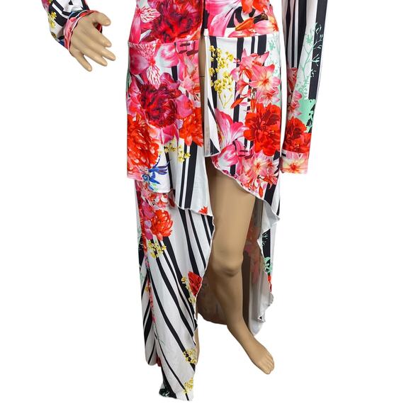 Venus Black White Striped Floral Belted High-Low Duster Tunic Top SZ L - Picture 5 of 11